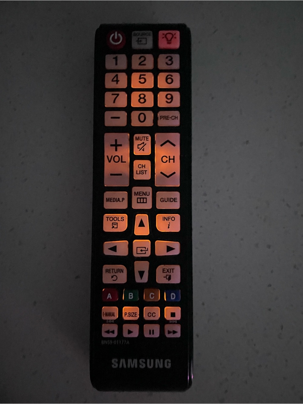 Samsung Remote Control — Black with Orange Backlight (model UN32J400)